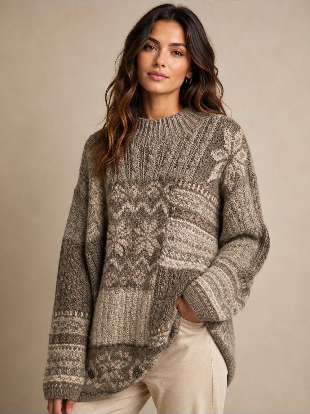 Jones New York Sport Wool Silk Sweater Chunky Patchwork Knit Hand Knit PL